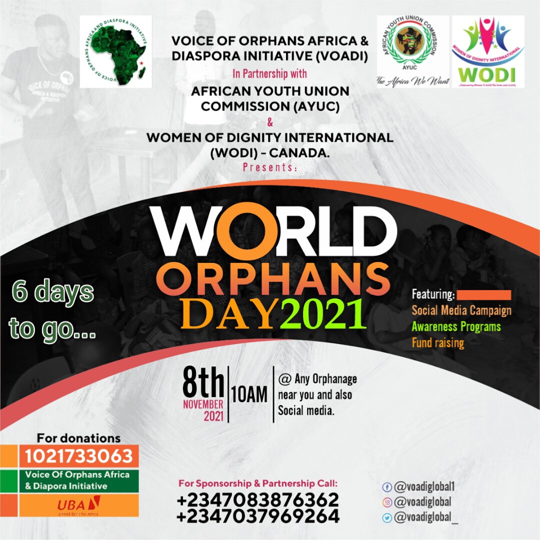 Voice Of Orphans Africa & Diaspora Initiative (@voadiglobal_) on Twitter photo WORLD ORPHANS DAY 2021
6 days to World Orphans Day 2021 today, please for humanity sake can we please donate to support this day🙏🙏🙏
Donate to this UBA acct. 1021733063, name: Voice of Orphans.
#TeamVOADI #TeamWODI #TeamAYUC #WorldOrphansDay <a href="/UN/">United Nations</a> <a href="/UNFPANigeria/">UNFPA Nigeria</a> <a href="/WHO/">World Health Organization (WHO)</a> <a href="/AYUCorg/">African Youth Union Commission</a> WORLD ORPHANS DAY 2021
6 days to World Orphans Day 2021 today, please for humanity sake can we please donate to support this day🙏🙏🙏
Donate to this UBA acct. 1021733063, name: Voice of Orphans.
#TeamVOADI #TeamWODI #TeamAYUC #WorldOrphansDay <a href="/UN/">United Nations</a> <a href="/UNFPANigeria/">UNFPA Nigeria</a> <a href="/WHO/">World Health Organization (WHO)</a> <a href="/AYUCorg/">African Youth Union Commission</a>