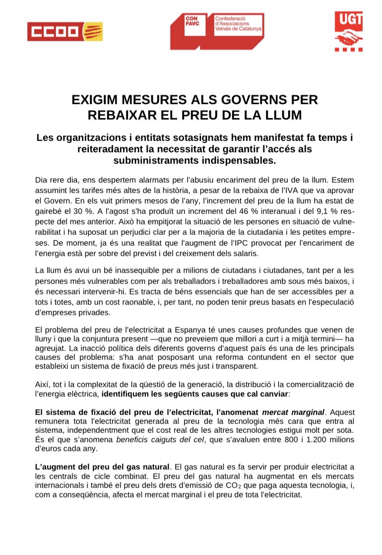 ugtbaix's tweet photo. Nota de 📰 conjunta de la @ugtcatalunya #CONFAVC i @ccoocatalunya sobre l’abusiu encariment de la llum i les nostres exigències.
#𝗨𝗴𝘁𝗕𝗮𝗶𝘅𝗘𝘀𝘁𝗲𝗺𝗔𝗺𝗯𝗧𝘂 🟢🟣🔴
#⃣O⃣r⃣g⃣a⃣n⃣i⃣t⃣z⃣a⃣T⃣
#⃣A⃣c⃣t⃣i⃣v⃣a⃣T⃣
#⃣ S⃣i⃣n⃣d⃣i⃣c⃣a⃣l⃣i⃣t⃣z⃣a⃣T⃣ https://t.co/hovQfDbq2P