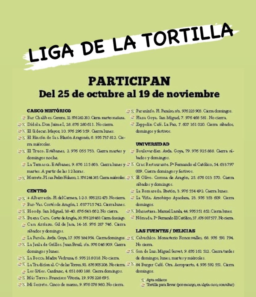 enjoyzaragoza's tweet photo. Te dejamos los participantes en La liga de la tortilla para que te la guardes en favoritos @ligatortilla 

👉https://t.co/v4ygNSYNAv https://t.co/exrcdKDkr9