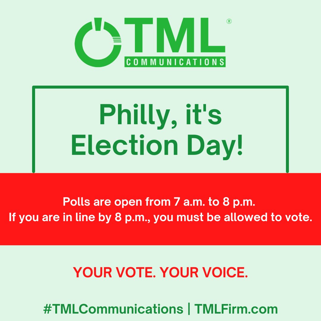 TMLFirm's tweet photo. It's election day Philly! Polls are open from 7 am to 8 pm today. Here's all the information you need for today - https://t.co/1sDFuANaVf.
#TMLCommunications https://t.co/6CSoVMqnzq