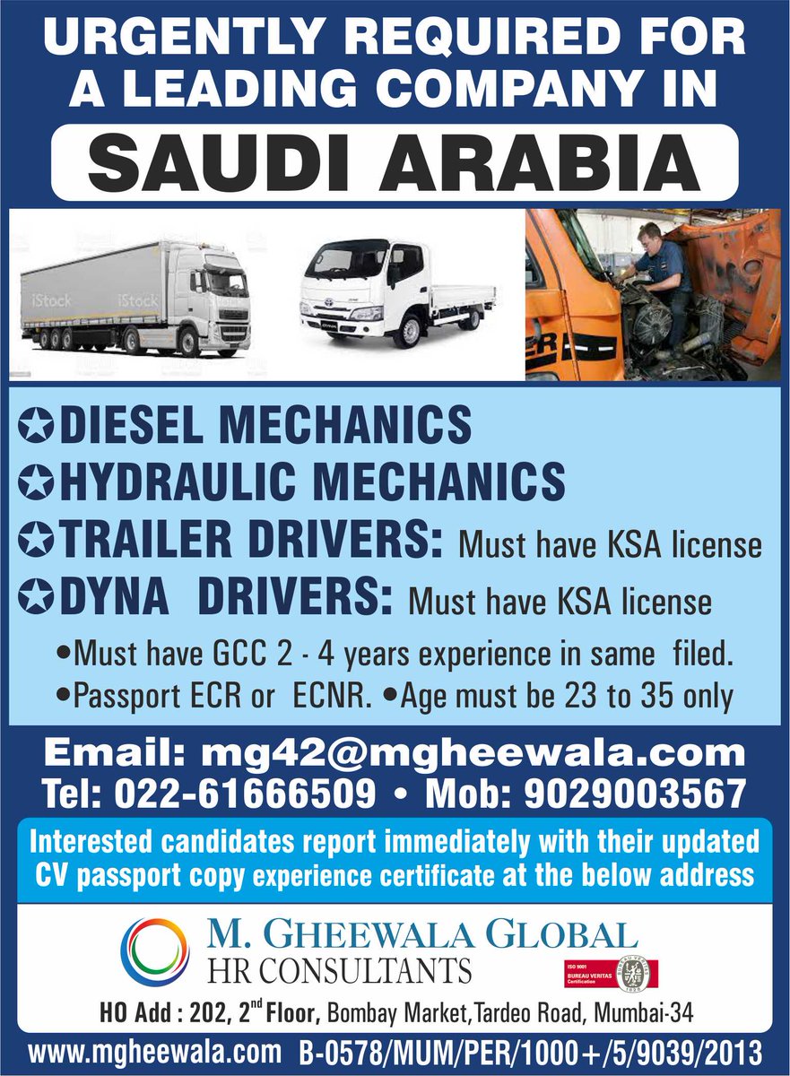 mgheewala_hrc's tweet photo. Job Vacancies in #SaudiArabia
Interested Candidates can send us the updated resume at mg42@mgheewala.com
Learn More
https://t.co/Ps4bxvjpD1
#saudijobs #jobsearch #jobopportunity #gulfjobs #gheewalajobs #dieslemechanics #hydraulicmechanics #trailerdrivers #dynadrivers https://t.co/SXvqCasZ8S