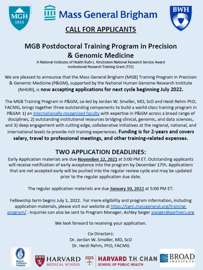 HeidiRehm's tweet photo. We are delighted to announce this year's call for applications supporting postdoctoral fellows for the NHGRI-funded MGB T32 Training Program in Precision and Genomic Medicine https://t.co/wYCiYPzIBL
Please RT or share w/ those who may be interested
cc @jorsmo https://t.co/ZPrTtmVpI7