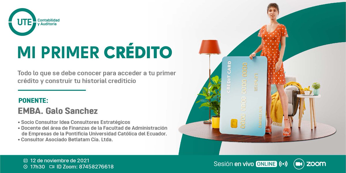 UTEoficial's tweet photo. ⚪Conferencia Gratuita | Aprende todo lo que se debe conocer para acceder a tu primer crédito y construir tu historial crediticio.
📌Martes 12 de noviembre. 🕞17h30.
🎥 ID Zoom: 87458276618
▶️¡Te esperamos!
#UTEduca #Administración #ConsumoResponsable https://t.co/fAd38SDbDe