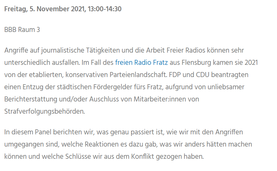 zwcm2021's tweet photo. [programm] Panel: "Umgang mit politischen Angriffen auf die Pressefreiheit" In diesem Jahr wollten mehrere Parteien @RadioFratz in Flensburg die Förderung entziehen, u.a. wegen unliebsamer Berichterstattung. Ein Rückblick. Freitag, 5.11., 13 Uhr: https://t.co/ZycLJyZtqV #zwcm2021 https://t.co/rLc7lF8579
