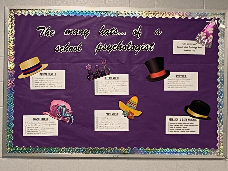 One week until #SchoolPsychWeek! This bulletin board was created by School Psychologist intern, Gina Romme to highlight the many roles of a school psychologist!