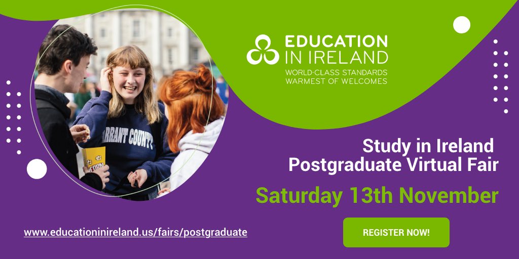 Education in Ireland will be holding a Postgraduate Virtual Fair on Saturday, November 13th for students in North America. Find out about the wonderful study opportunities that await in Ireland. We look forward to seeing you there!
 
Register here: educationinireland.us/fairs/postgrad…