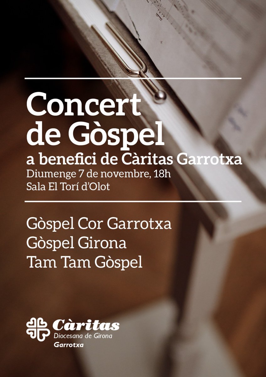 caritasgirona's tweet photo. CULTURA SOLIDÀRIA | Torna el concert solidari de Gòspel a benefici de #CàritasGarrotxa. L'acte compta amb la participació del Gòspel Girona, Tam Tam Gòspel i Gòspel Cor Garrotxa. T'esperem!🥳👏

🗓️ 07/11
⏰ 18 h
📍 Sala el Torín, #Olot

#SiguemMésPoble
#Garrotxa https://t.co/e8muq91AYG
