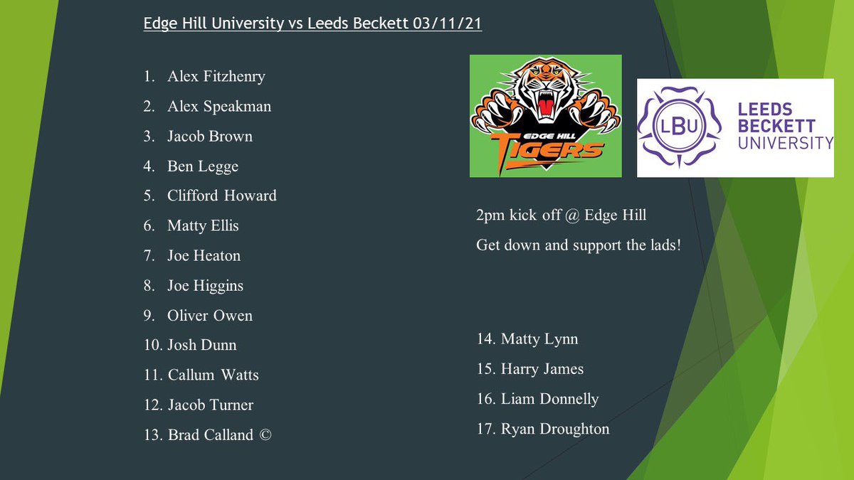 Team news for tomorrow against <a href="/LeedsBeckettRL/">Leeds Beckett RL</a> 
Get down and support the lads, 2pm on the top pitches.

UP THE TIGS🐯💚