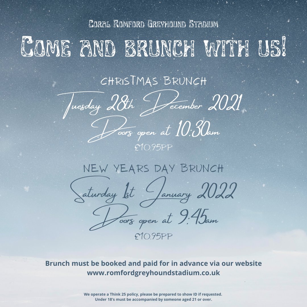 Join us for a delicious brunch this Christmas! We have availability on Tuesday 28th December 2021 and Saturday 1st January 2022. Book online at: romfordgreyhoundstadium.co.uk