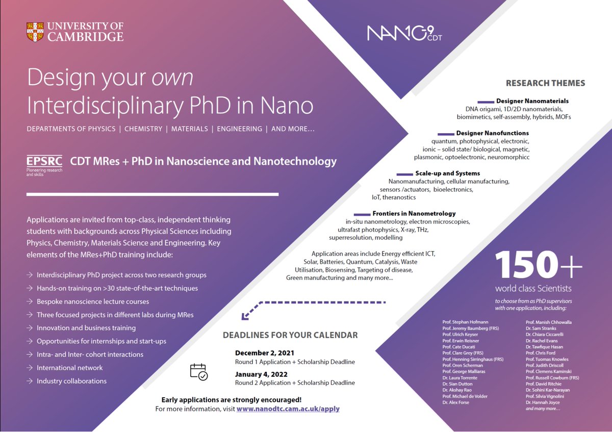 NanoDTC (@nanodtc) on Twitter photo Interested in applying your interest in science and engineering🧪🔬📱to interdisciplinary research in nano across <a href="/DeptofPhysics/">Cavendish Laboratory</a> <a href="/ChemCambridge/">Cambridge Chemistry</a> <a href="/cu_mat/">Cambridge Materials</a> <a href="/Cambridge_Eng/">Engineering Dept</a> <a href="/cebcambridge/">CEB Cambridge</a> ? Apply to our fully funded MRes+PhD programme nanodtc.cam.ac.uk/apply/ by 2nd Dec! Interested in applying your interest in science and engineering🧪🔬📱to interdisciplinary research in nano across <a href="/DeptofPhysics/">Cavendish Laboratory</a> <a href="/ChemCambridge/">Cambridge Chemistry</a> <a href="/cu_mat/">Cambridge Materials</a> <a href="/Cambridge_Eng/">Engineering Dept</a> <a href="/cebcambridge/">CEB Cambridge</a> ? Apply to our fully funded MRes+PhD programme nanodtc.cam.ac.uk/apply/ by 2nd Dec!