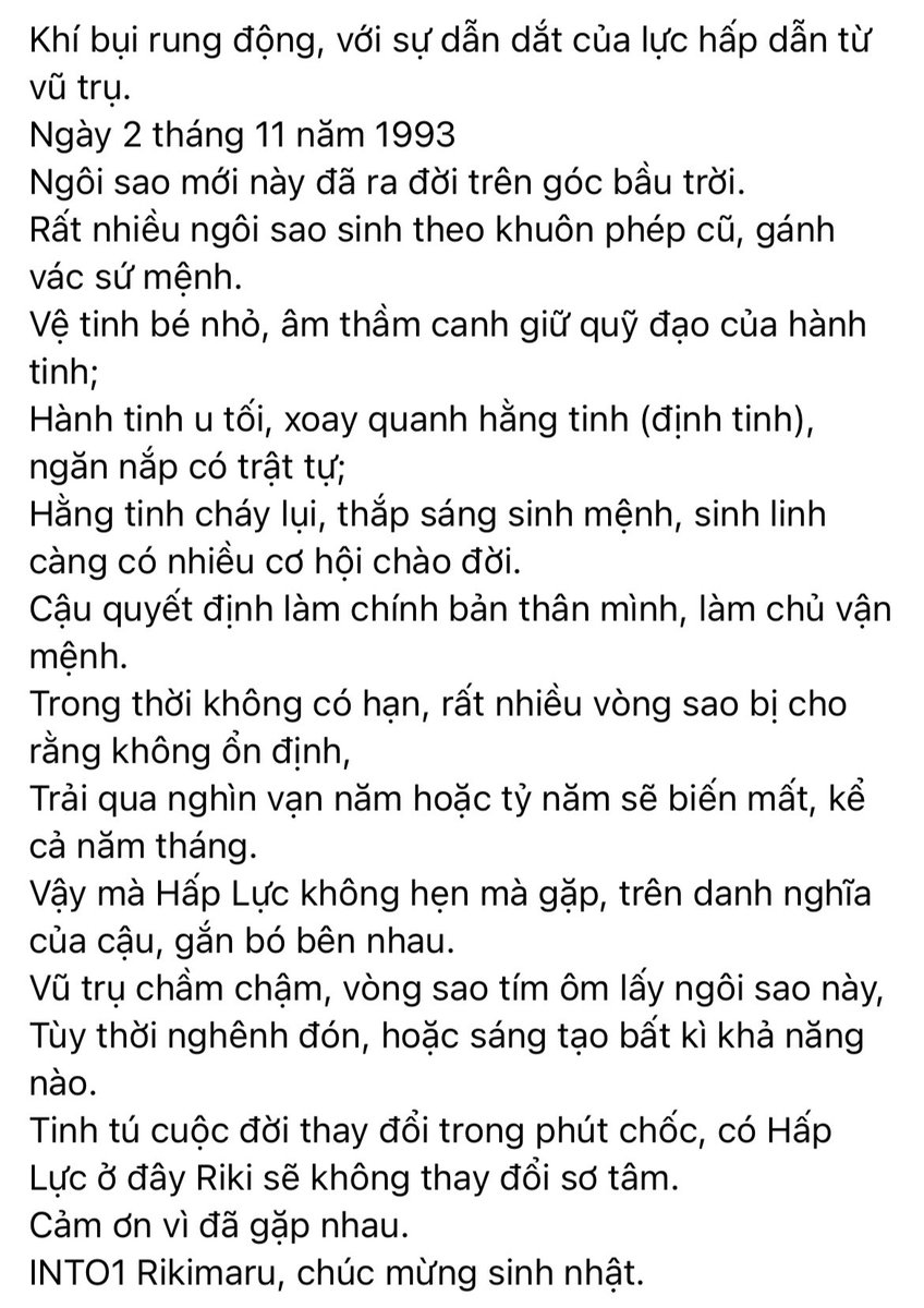 RKMRvn_'s tweet photo. [211102] LỜI CHÚC TỪ HVH RIKIMARU

Khép lại ngày của anh người yêu bằng lời chúc từ HVH,các tỷ chơi lớn quá chúc hẳn bằng thơ nên dịch sang tiếng Việt hơi“ngang”các bạn thông cảm nhó~lời chúc siêu ý nghĩa nè🥳

©️:力丸RKMR_引力星球
Trans : Sín
#Happyrikimaruday https://t.co/XOZ9kFaDBh