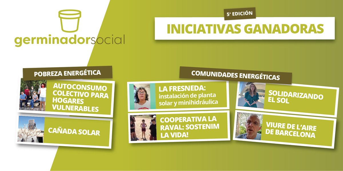 📣 ¡Ya tenemos los proyectos premiados del #GerminadorSocial!

Comunidades energéticas:

🌱 La Fresneda
🌱 Solidarizando el Sol
🌱 <a href="/laravalcoop/">Cohabitatge Manresa</a>
🌱 @viureairebcn

Pobreza energética:

🌱 Autoconsumo colectivo para hogares vulnerables (<a href="/EnergiaAnd/">Agencia Andaluza de la Energía</a>)
🌱 Cañada Solar (<a href="/lighthumanity/">Light Humanity</a>)