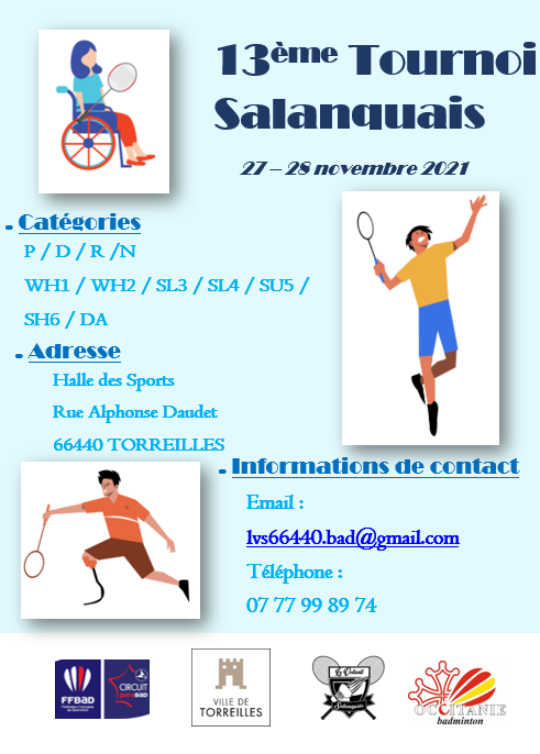 Mer_PauStaps's tweet photo. Le Club de Badminton du Volant Salanquais sera très heureux de vous recevoir lors de son 13ème Tournoi Salanquais!🏸
On compte sur vous pour participer à cette compétition et venir encourager les joueurs!😉
#L3APASVICHY #HANDISPORT #PARABADMINTON 
@FFBaD @Sports_gouv @Sante_Gouv https://t.co/A2jwNtAe83