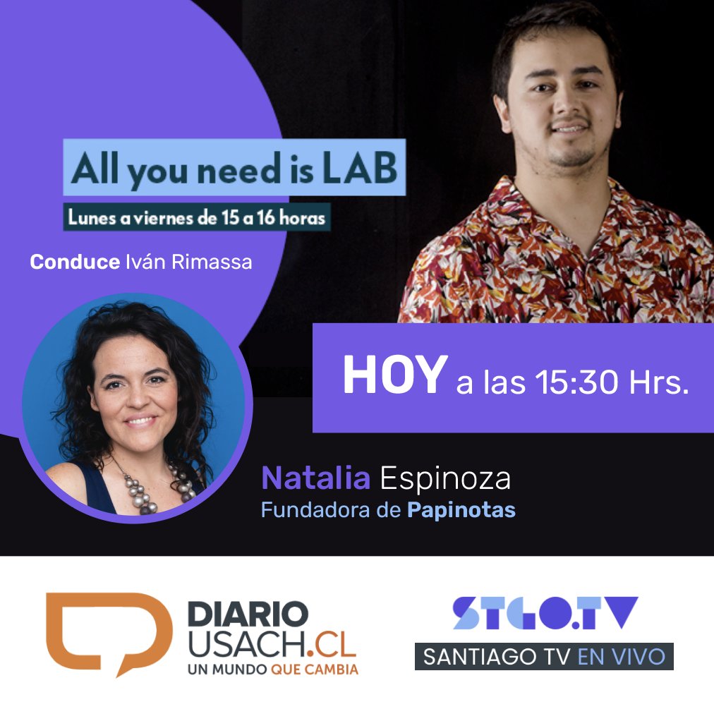 PapinotasCL's tweet photo. Los invitamos a ver el programa All you need is LAB con Iván Rimassa a las 15:30 Hrs., donde estará nuestra Fundadora Natalia Espinoza en un programa liderado por Diario https://t.co/uyDNZ5mSYl
Mira la transmisión en vivo aquí : https://t.co/KMjIrUbykY 📢 https://t.co/RNwRWvcU9X