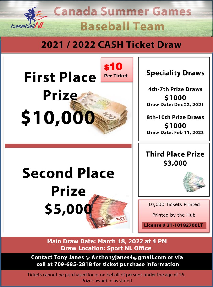 CGBaseballNL's tweet photo. The NL Canada Games Baseball Team is holding a raffle draw in support of their training and development for the 2022 Canada Summer Games. Please considering supporting our 20 players as they get ready to represent our Province. @BaseballNL https://t.co/GBdV9HaXk8