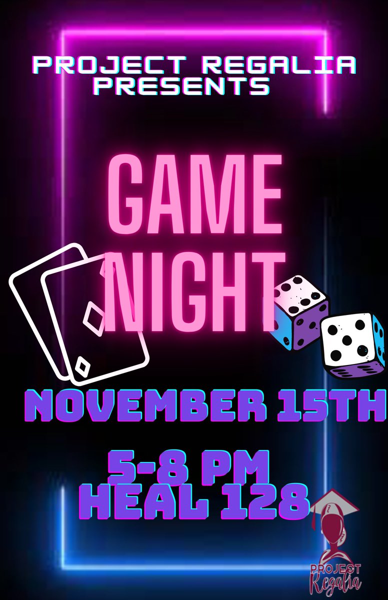 project_regalia's tweet photo. Come and play the night away with Project Regalia! We’re having a game night on Monday, November 15th in the Health Pavilion Room 128! Hope to see you there! https://t.co/oEfaCJFv53