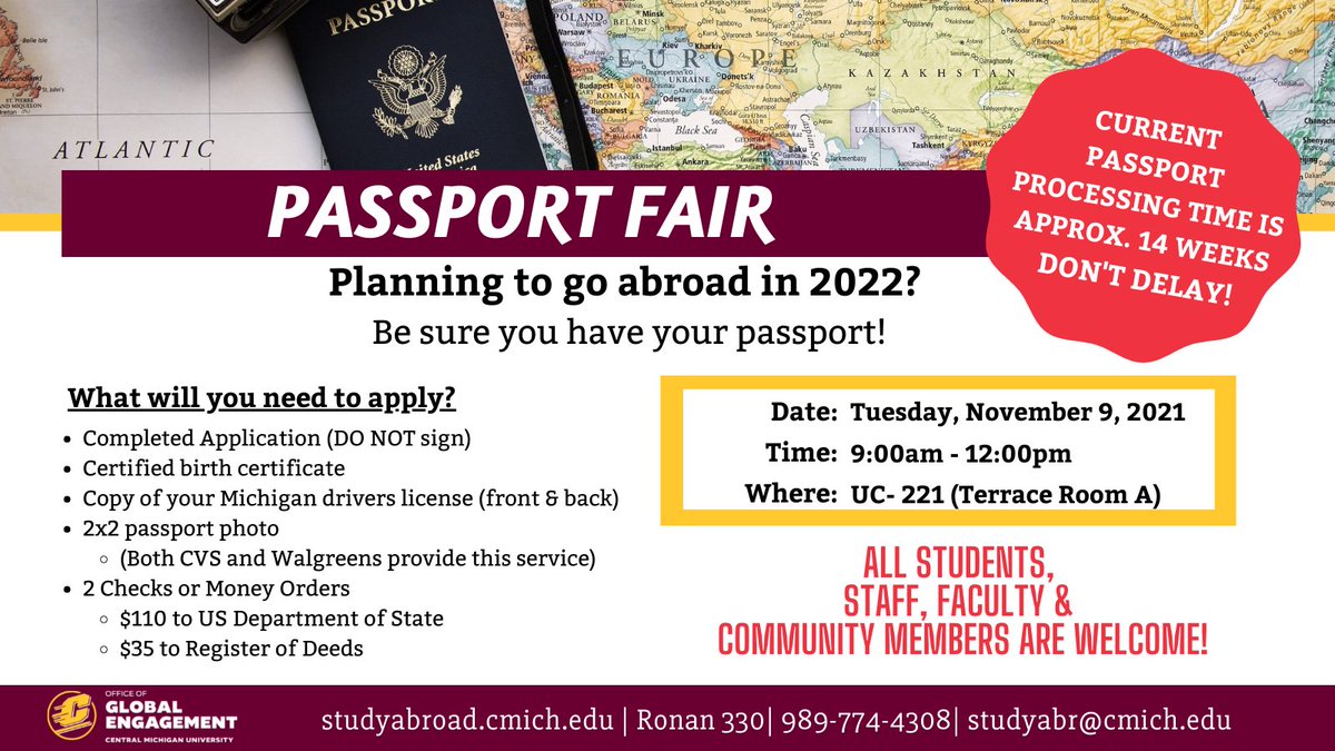 StudyAbroadCMU's tweet photo. Looking to go abroad in 2022?  We are hosting a Passport Fair on Tuesday, 11/9 from 9am-12pm in UC 221 (Terrace Room A). The Register of Deeds Office will be on campus to take applications for a US Passport. Requirements/application can be found here: https://t.co/FhXV39cVGg https://t.co/CRUICi8THP