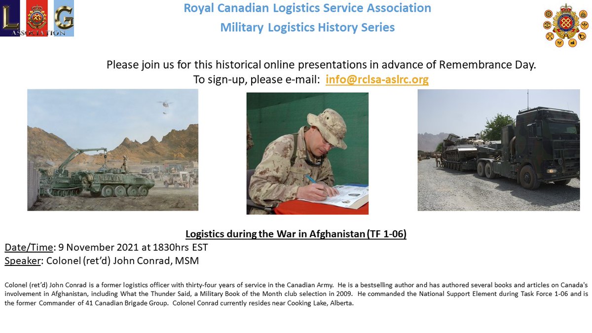 RCLSAssoc's tweet photo. Following last night's presentation about the Logistics of the First World War, we look forward to welcoming Col (ret"d) @johndconrad2 to speak about his experiences in Afghanistan. Please sign-up at: info@rclsa-aslrc.org @CanadianForces @CanadianArmy https://t.co/U6kE06ZfUG