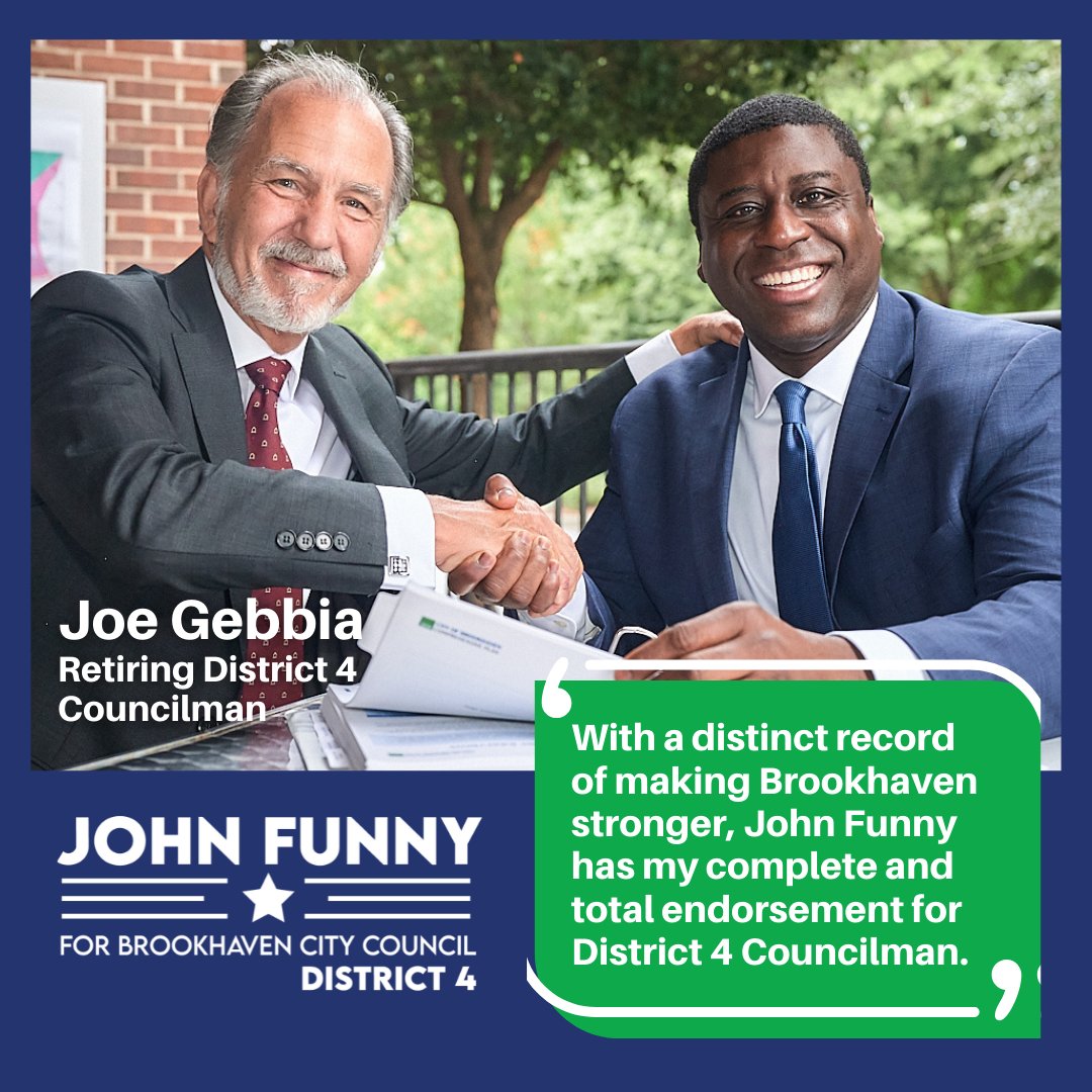 electjohnfunny's tweet photo. Retiring Councilman @electjoegebbia : “For the past decade, I've seen firsthand John's commitment to serving Brookhaven in various leadership roles. I strongly endorse him &amp; ask D4 voters to join me in voting on 11/2 for John Funny.” #JohnFunny4Brookhaven #JohnFor4 and #4ForAll https://t.co/30jSPUjQCD