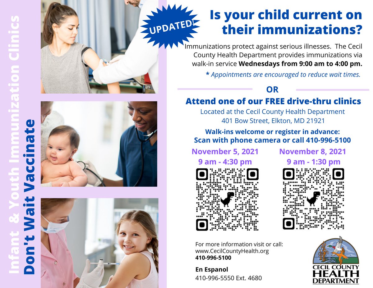 CecilCoHealth's tweet photo. Upcoming FREE Drive-Thru Childhood Immunization Clinics https://t.co/2SAJQ2uXC1 https://t.co/OpOeiKtWHX