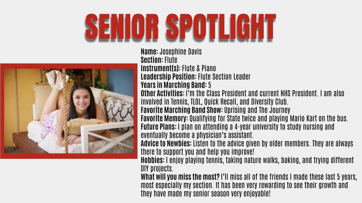 lhsmband's tweet photo. Our third senior spotlight is Josephine Davis!
5 days until state competition https://t.co/2TNoZ3YzAr
