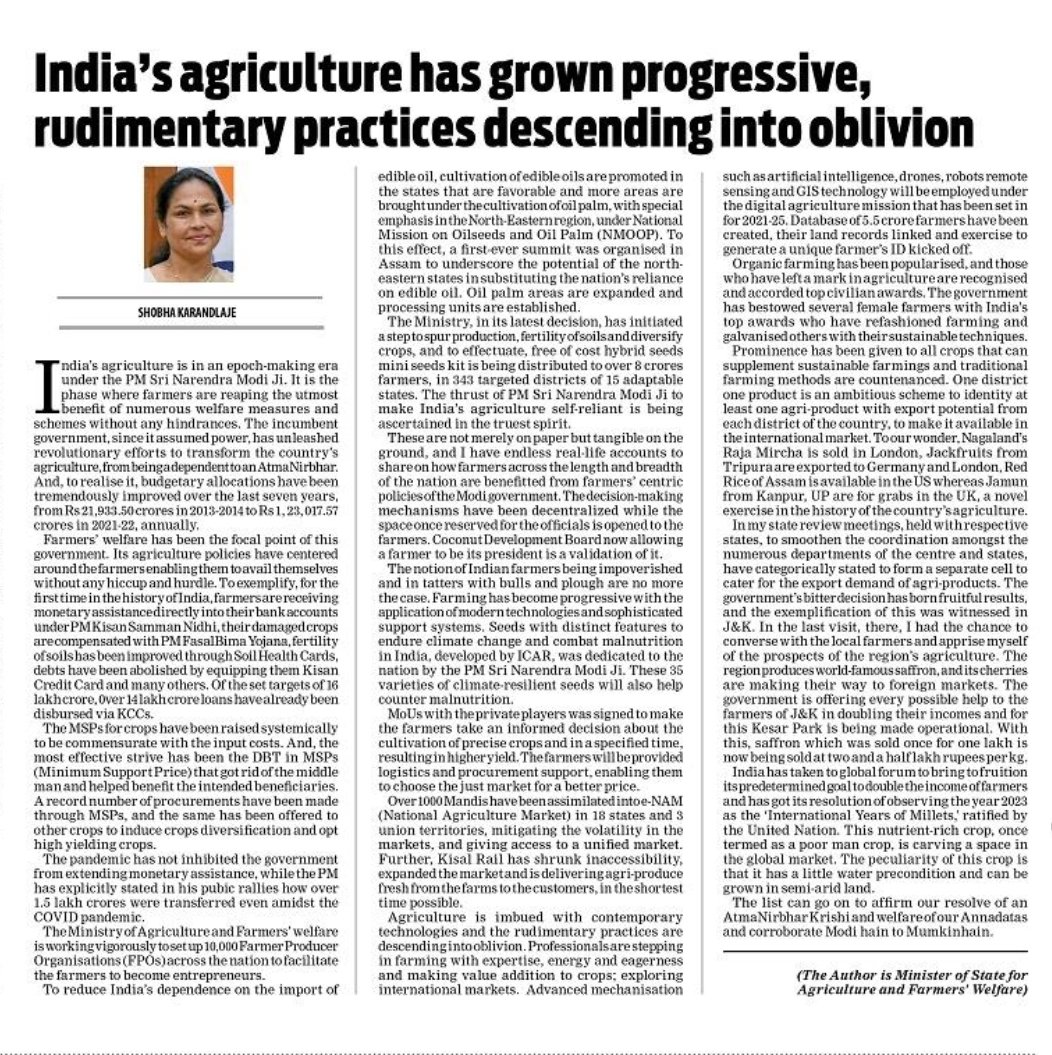 ShobhaBJP's tweet photo. I write how India’s agriculture under PM Sri @narendramodi Ji has been remodelled and imbued with modern and sustainable practices. 

Farmers’ welfare is prioritised and reforms are unleashed to double their incomes.
@RisingKashmir
https://t.co/QMsdBua7Yk
#Aatmanirbharkrishi https://t.co/ns8N0Noba8