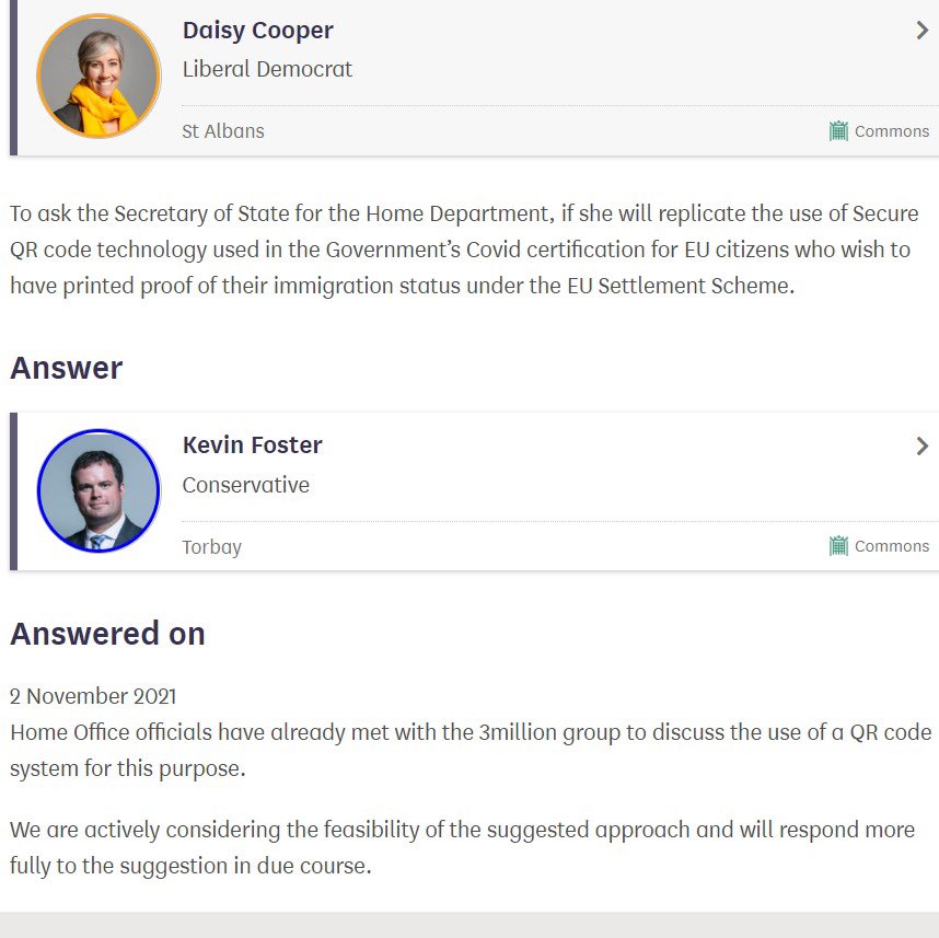 libdemdaisy's tweet photo. This is encouraging for the @the3million! 
In response to my Q👇@ukhomeoffice has confirmed it’s *looking* at using COVID certification QR code tech to provide *printed proof* of immigration status for EU citizens #SettlementScheme https://t.co/CuVwDSiZmg