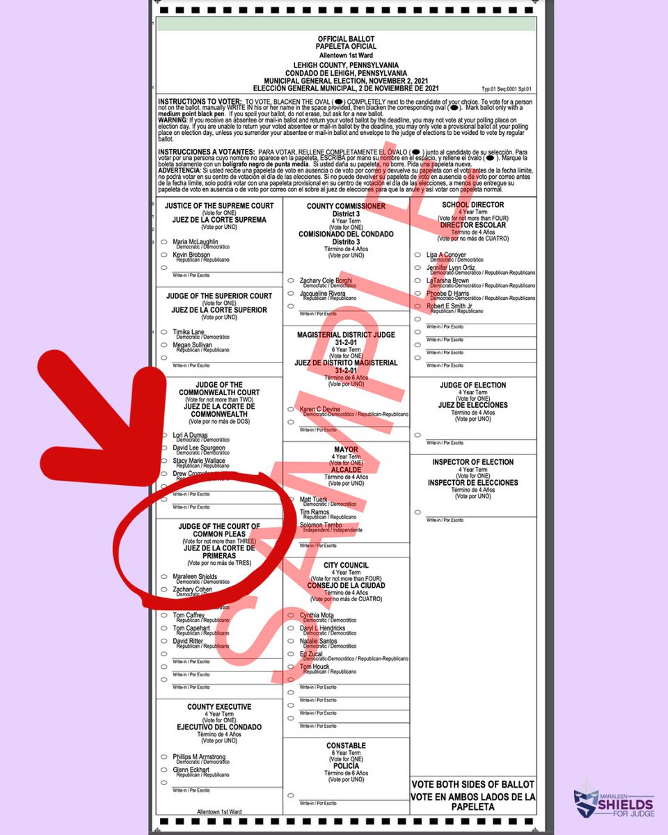 Shields4LCJudge's tweet photo. It is easy to find me on your ballot. I'm right here at the top! Don't forget to vote today.

#ShieldsforLCJudge #Shields4LCJudge #LehighCounty #LehighValley #Allentown #Bethlehem #Emmaus #Whitehall #LehighCountyPA  #LehighValleyPA #RepresentationMatters #ElectBlackWomen https://t.co/XklMubt7HH