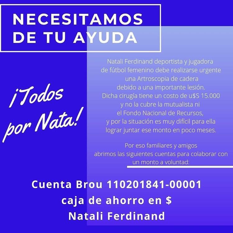 ⚠️ Natali Ferdinand exjugadora de Villa Teresa necesita la colaboración de todas para lograr llegar a la suma que necesita para operarse 
Hoy por ella mañana por vos!! 
Se agradece compartir