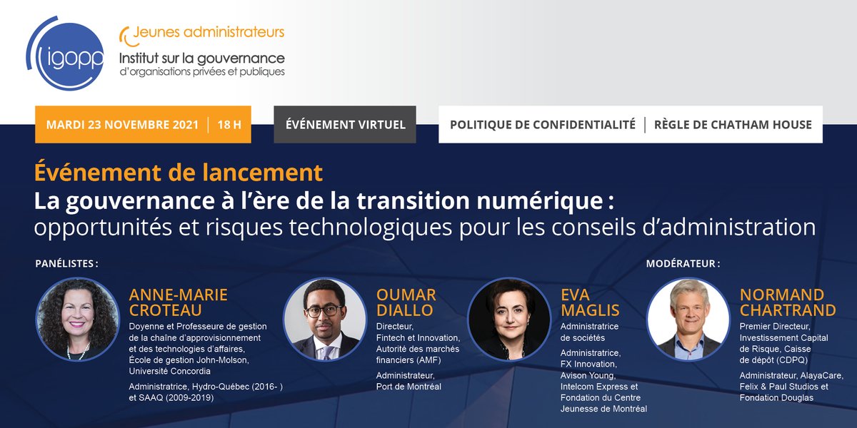 Mardi le 23 novembre prochain, les JAIGOPP vous invite à un panel portant sur la transformation numérique et la cybersécurité du point de vue des C.A. Pour s'inscrire: bit.ly/3bx612f

<a href="/hydroquebec/">Hydro-Québec</a> 
 
<a href="/Concordia/">Concordia University</a> 
 
<a href="/lautorite/">@lautorite</a> 
  
<a href="/AvisonYoung/">Avison Young</a> 
  
<a href="/felixandpaul/">Felix & Paul Studios</a> 
 
@LaCDPQ