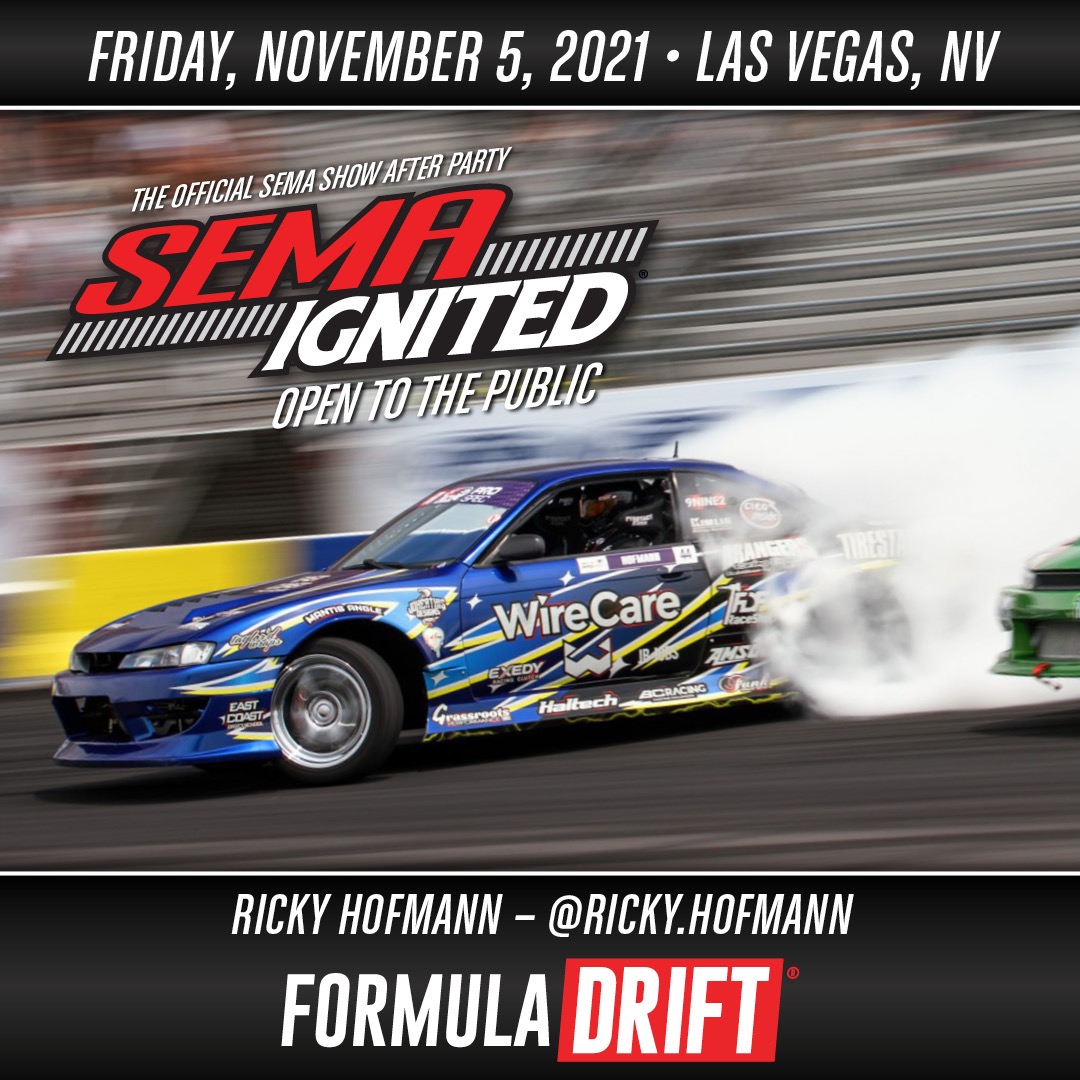 FormulaDrift's tweet photo. SEMA officially starts today! Come see @RickyHofmann732 and others from Formula Drift at SEMA Ignited, the Official SEMA Show after party!

$20 General admission tickets for Friday, Nov 5 3:00 to 10:00pm are available at https://t.co/Tc1x0cMx6P

#FormulaDRIFT #FormulaD https://t.co/DNF57OhOy8