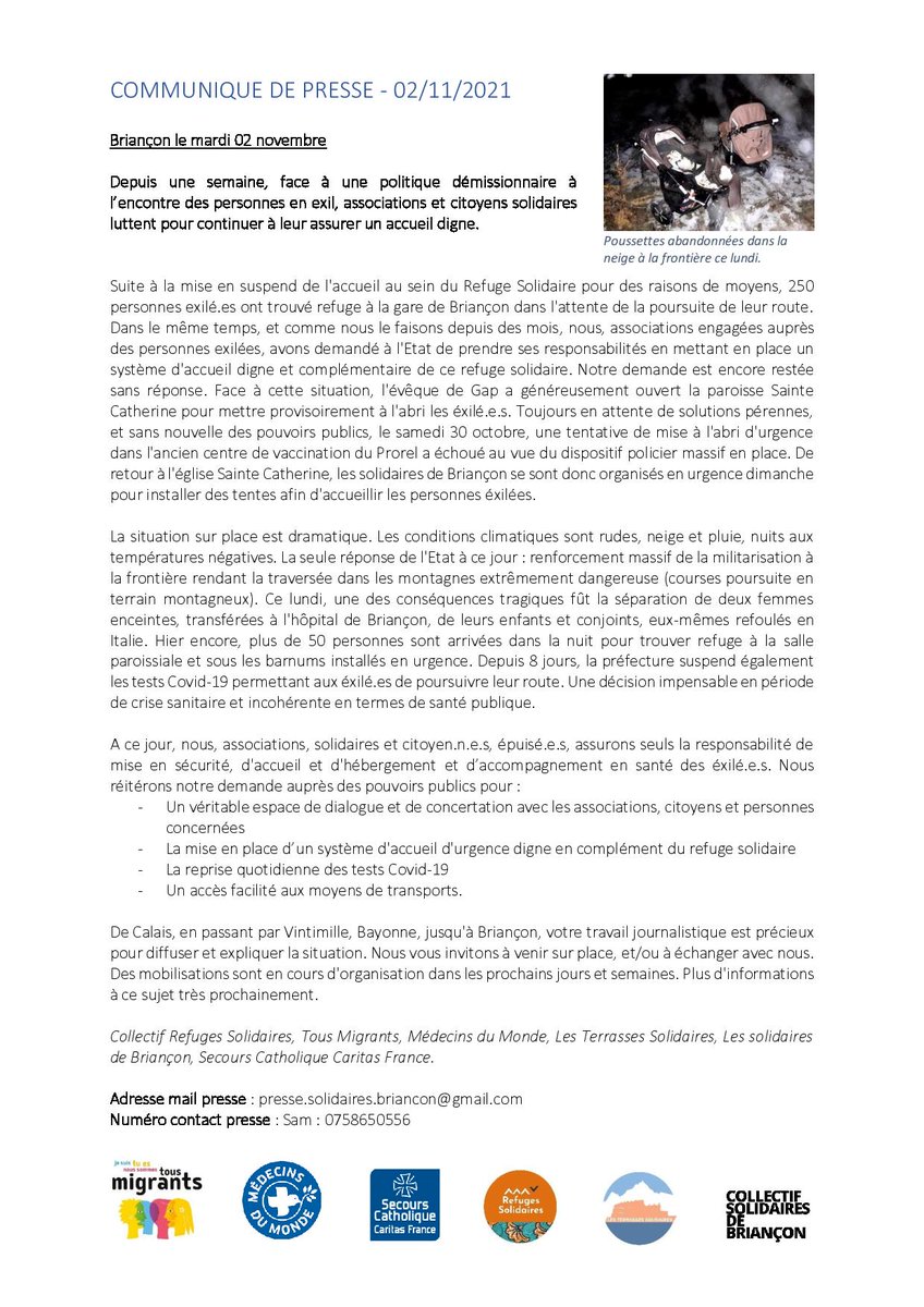 tousmigrants's tweet photo. [COMMUNIQUE DE PRESSE ]
Depuis une semaine, face à une politique démissionnaire à l’encontre des personnes en exil, associations et citoyens solidaires luttent pour continuer à leur assurer un accueil digne. 
@MdM_France @caritasfrance https://t.co/EQlLC3dLkp