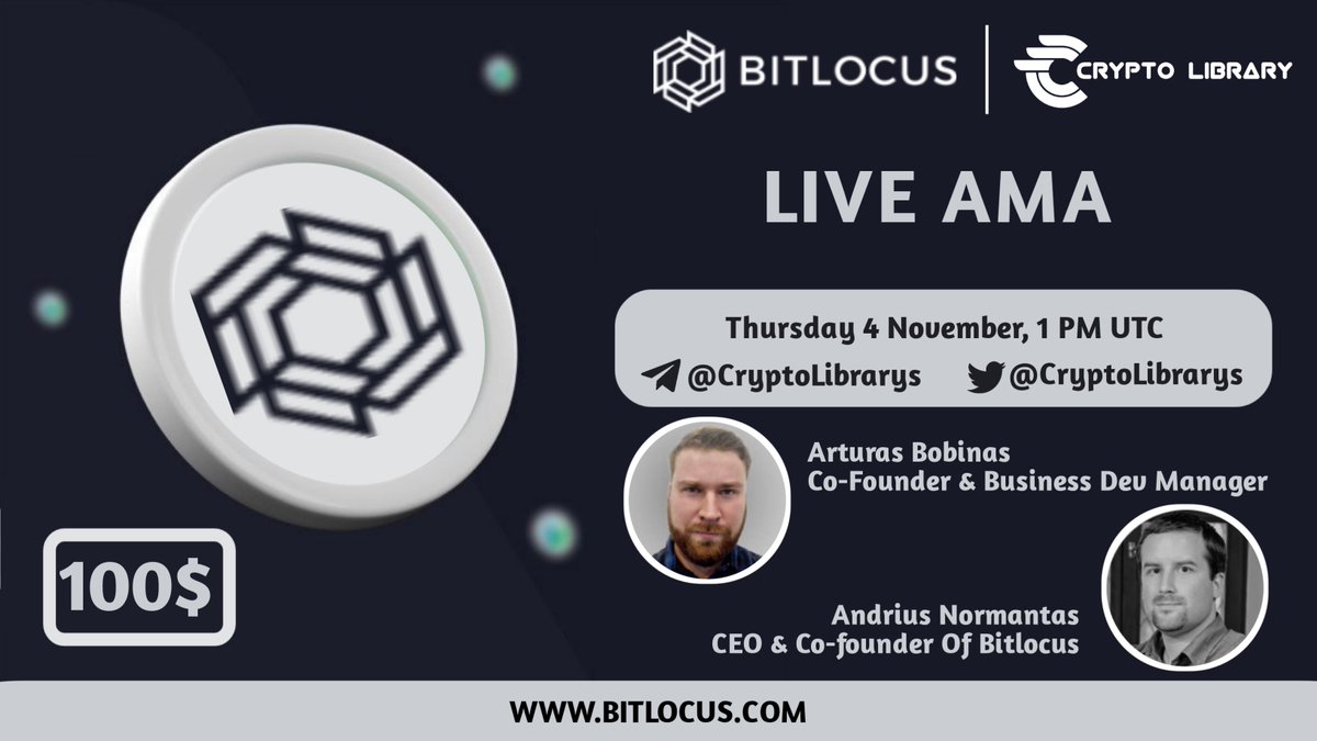 📢 AMA Series Crypto Library's with Bitlocus 

Date : 4 November
Time : 1 PM UTC
Venue : t.me/CryptoLibraryD…

Rules : 
1. Follow <a href="/CryptoLibrarys/">Crypto Library's</a> + <a href="/bitlocus/">BITLOCUS</a> and RETWEET
2. Join Our Telegram Group
3. Send Maximum 2 Questions + Tag 3 People's