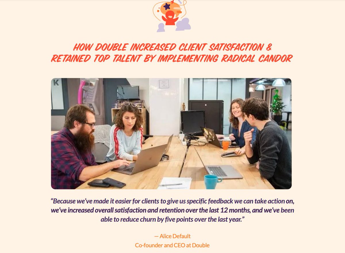 candor's tweet photo. “We’ve increased overall satisfaction &amp; retention over the last 12 months &amp; we’ve been able to reduce churn by five points over the last year.” — Alice Default, Co-founder and CEO @imwithdouble 

Read the Radical Candor Case Study: https://t.co/2k0DfTGMyf https://t.co/048T1e680Q