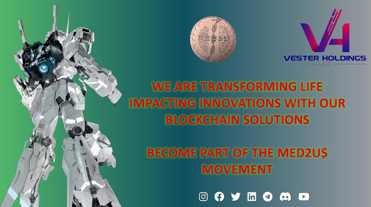 HoldingsVester's tweet photo. We are transforming life impacting innovations with our blockchain solutions.

Become part of the MED2U$ movement.

#VESTERHOLDINGS, #MED2U,  #blockchainforgood, #medtechthatmatters, #makeadifference, #leadership https://t.co/bhZWH2ajIX