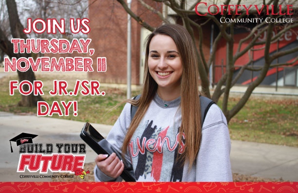 Juniors and Seniors mark your calendars for CCC JR/SR Day, Thursday November 11th. Plan to attend? Please RSVP by doing one of the following: 1. Email Chris Cameron: cameron.chris@coffeyville.edu 2. Scan the QR Code 3. Click on this link: bit.ly/CCCJRSRDAY