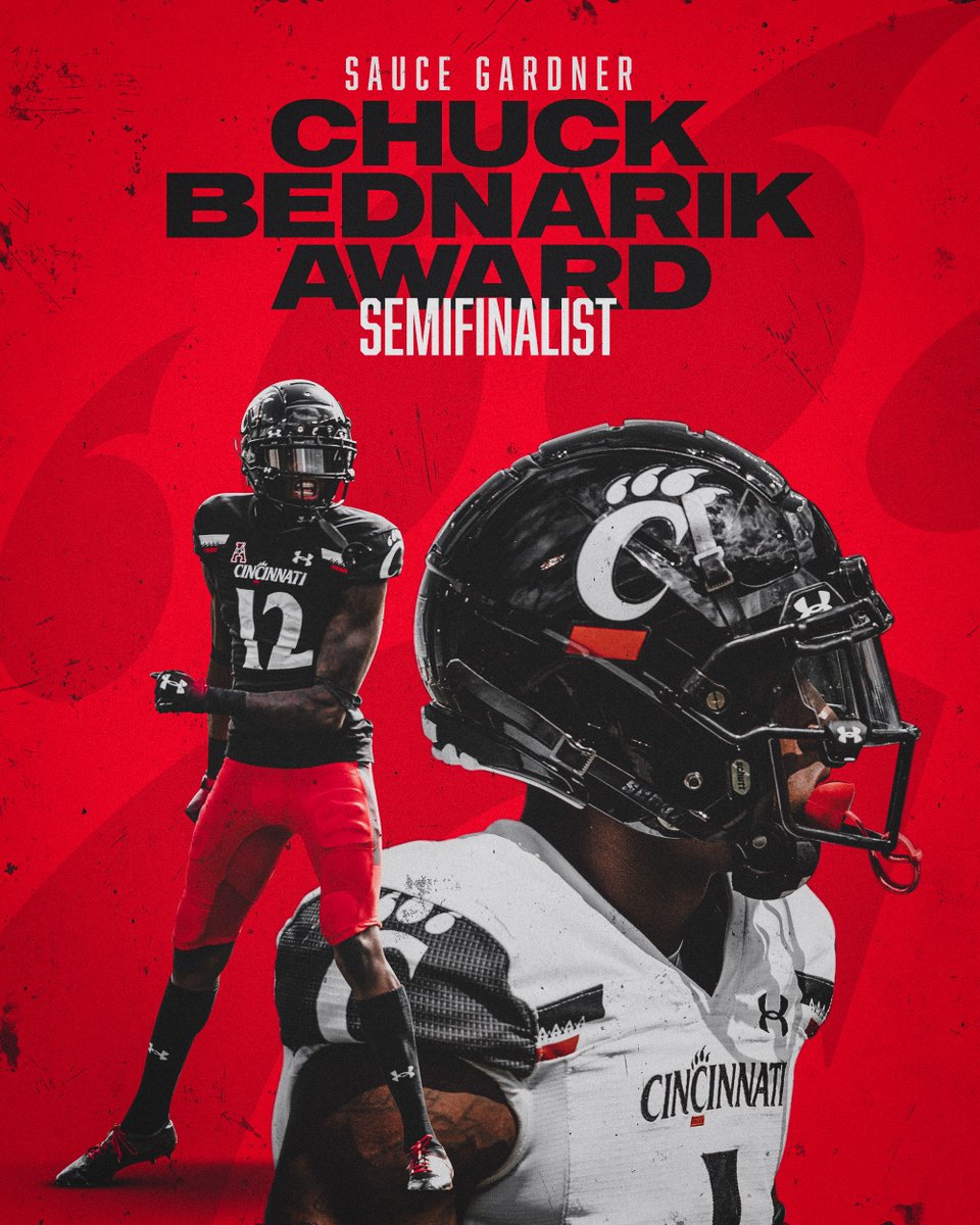 GoBearcatsFB's tweet photo. Sauce Gardner has been named a semifinalist for the Chuck Bednarik Award, given annually to the top defensive player in the nation.

Gardner has yet to allow a TD in his career, spanning more than 900 coverage snaps. 

🔗: https://t.co/EWxmfeZv4t

#Bearcats https://t.co/REZ5c990VG