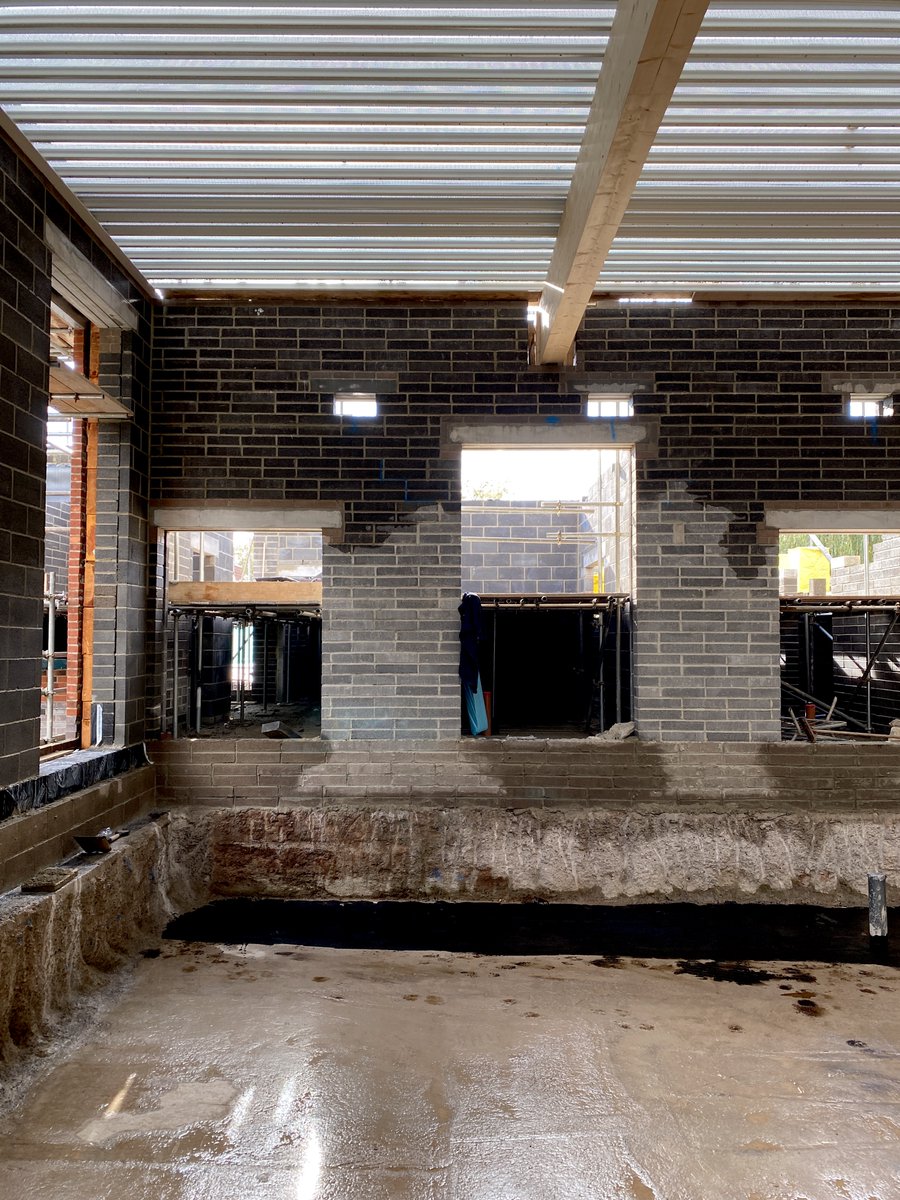 Site progress at Hazelbrook Hydrotherapy Pool! 
The glulam beams and roof deck have been installed in the pool hall. Changing rooms walls are being built up and waterproofing to the pool hall is ongoing with the installation of the pool tank due to start imminently.