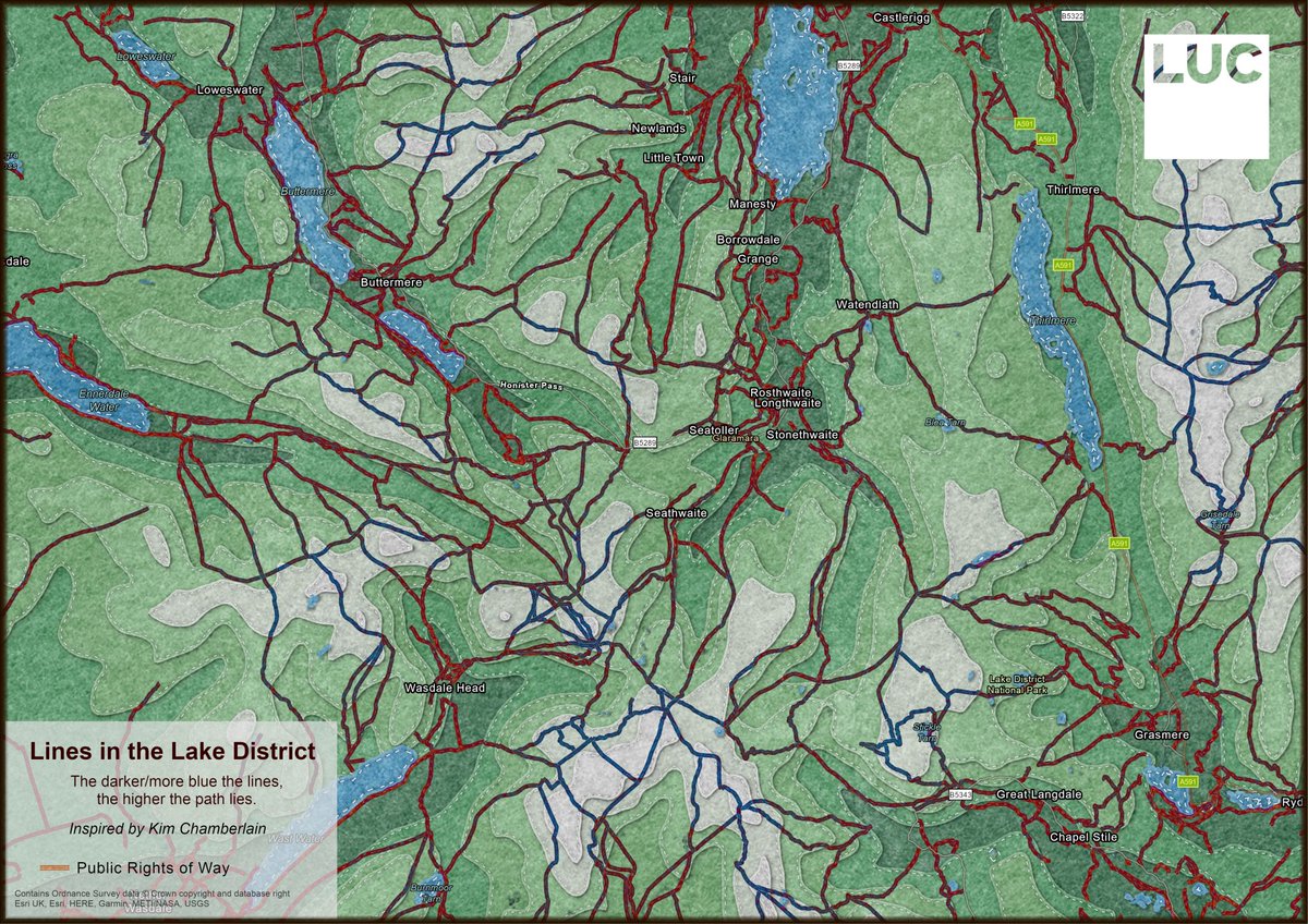 luctweeting's tweet photo. 2. 'Lines'

Today's output for the #30DayMapChallenge was made by our #GIS consultants Kim and Sarah 🗺️

It displays public rights of way in the #LakeDistrict, with changes in colour indicating different heights ⛰️

#GISchat #nationalparks #maps #nature #PRoW https://t.co/OCWUl6apQn