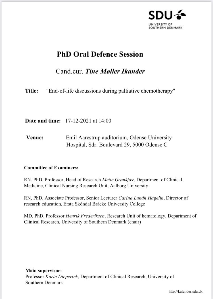 IkanderTine's tweet photo. I’m happy to announce that I will defend my PhD thesis at 14.00 on December 17, at the Emil Aarestrup Auditorium, Odense University Hospital 🥂🥳
The title is: End-of-life discussions during pallitive chemotherapy  

@KDieperink @raunki_r  

@OncoCareOUH @SUND_SDU @OUHhospital https://t.co/40dI5vsqfX