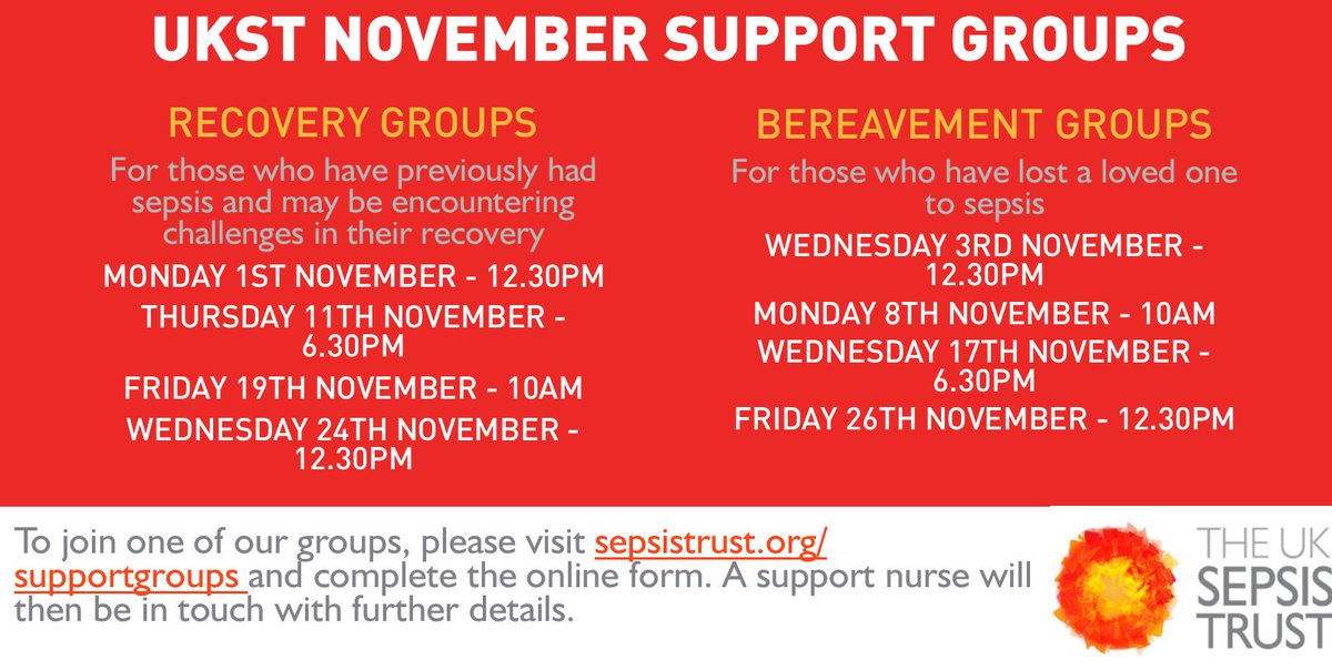 UKSepsisTrust's tweet photo. Facilitated by our specialist nurses, our support groups are a safe space for people affected by #sepsis to share their experiences and offer hope and encouragement to one another.

We'd love to welcome you to a group in November soon:
https://t.co/9Fr2udLVJx https://t.co/4LhGhOOQsu
