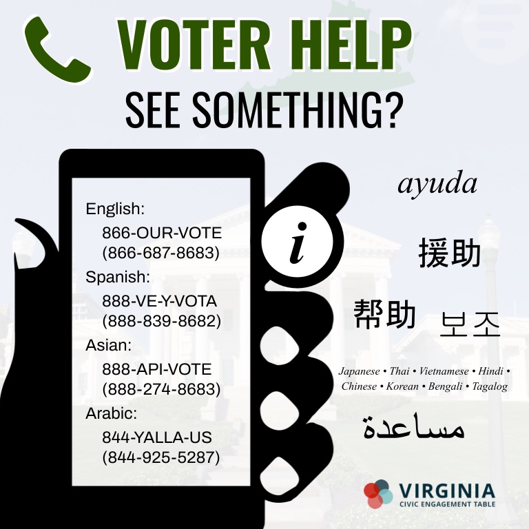 Virginia - your vote matters! If you have questions OR need to report any issues at the polls, call 866-OUR-VOTE #ElectionProtection #BeAVoter #EngageVA #VAvotes