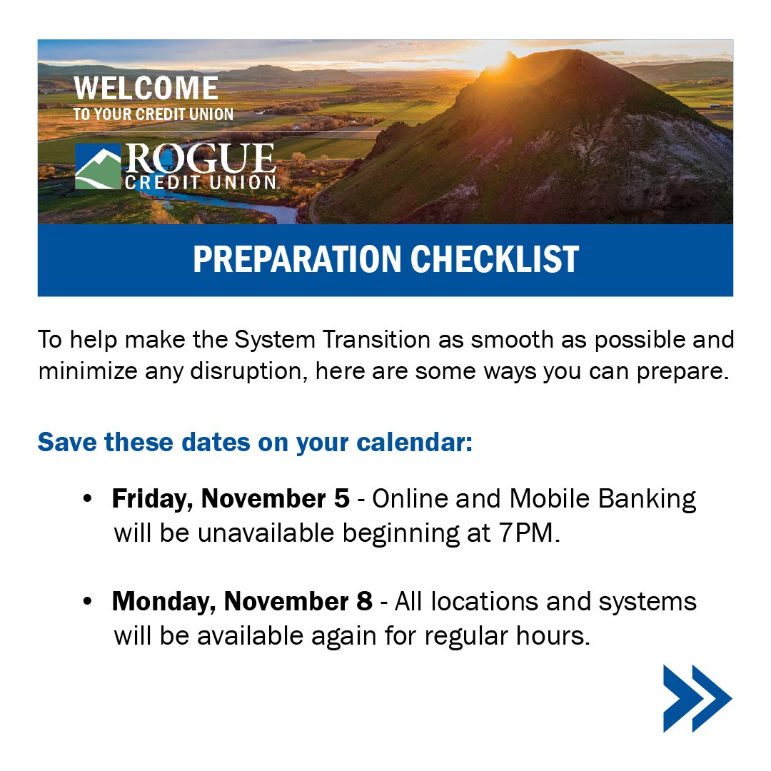 Malheurfcu's tweet photo. Our System Transition is less than a week away. Get ready with our checklist! https://t.co/R8A2J3TnFH