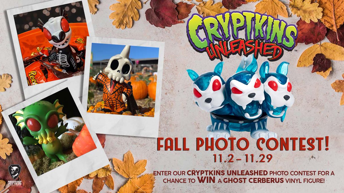 It's that time of year to gather with friends, family... and Cryptkins! Enter the Cryptkins Fall Photo Contest for a chance to win a rare Ghost Cerberus vinyl figure! Ends 11/29 📸
Visit the Cryptozoic Instagram or Facebook page for instructions to enter!