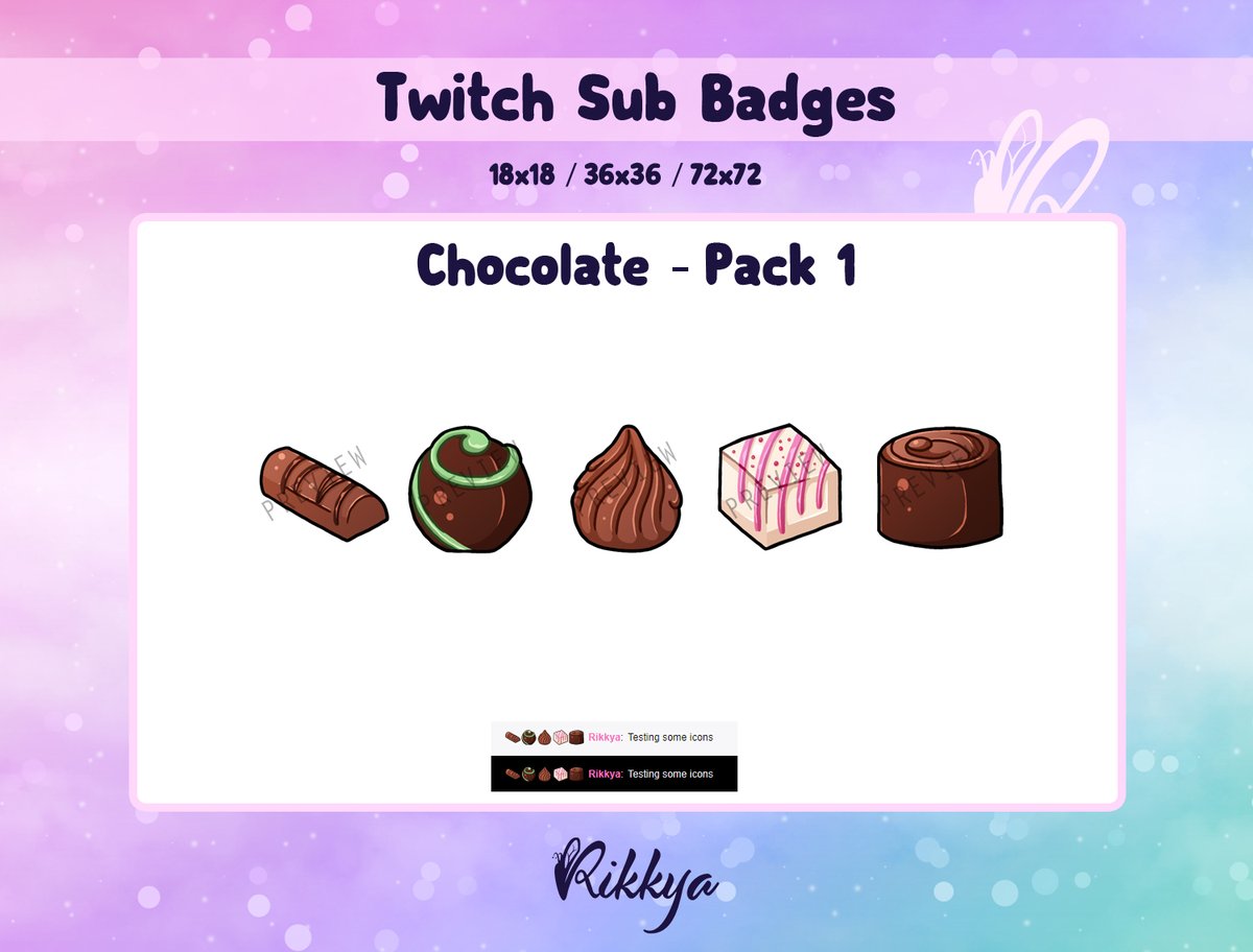 Nouveaux badges sur la boutique. 2éme pack de pralines, pour les amateurs de chocolat ! 

etsy.com/fr/shop/Rikkya…

RT Appréciés 🦋

#twitchaffiliate #emoteartist #twitch #etsy #chocolate