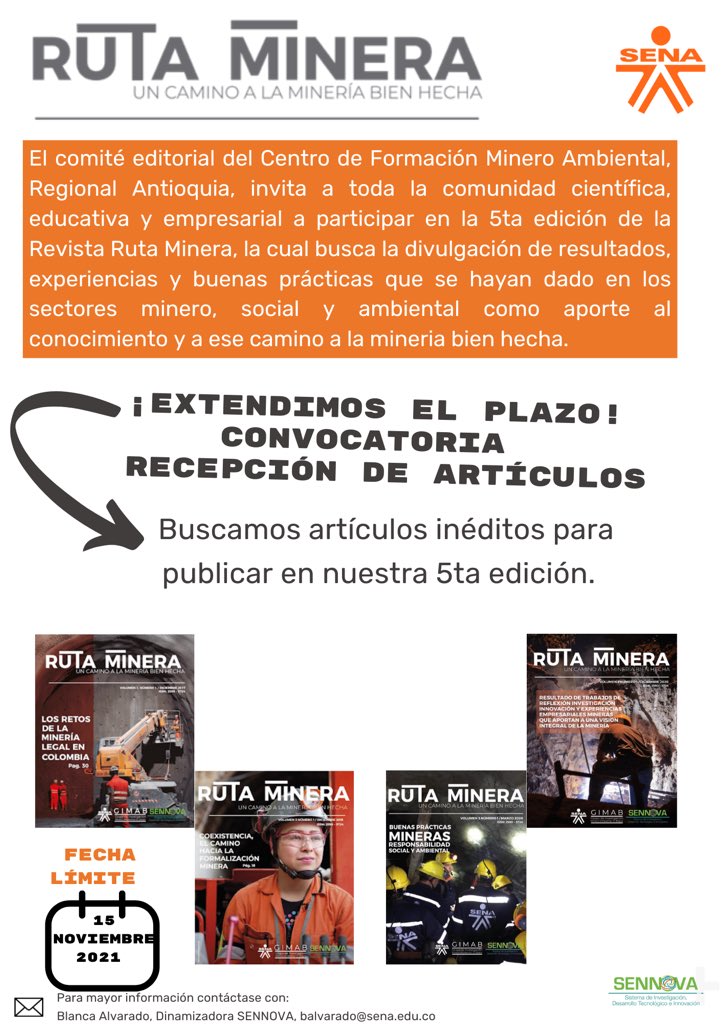 JAIROLEONZAPATA's tweet photo. ⚠️El Centro de Formación Minero Ambiental @SENA_Antioquia amplió fecha para recepción de artículos 📖 en su revista Ruta Minera. 🗓15 de noviembre. Esperamos que nuestros aliados de empresas, instituciones y comunidad SENA en general participen en este espacio de divulgación. https://t.co/Dr8xRc34da