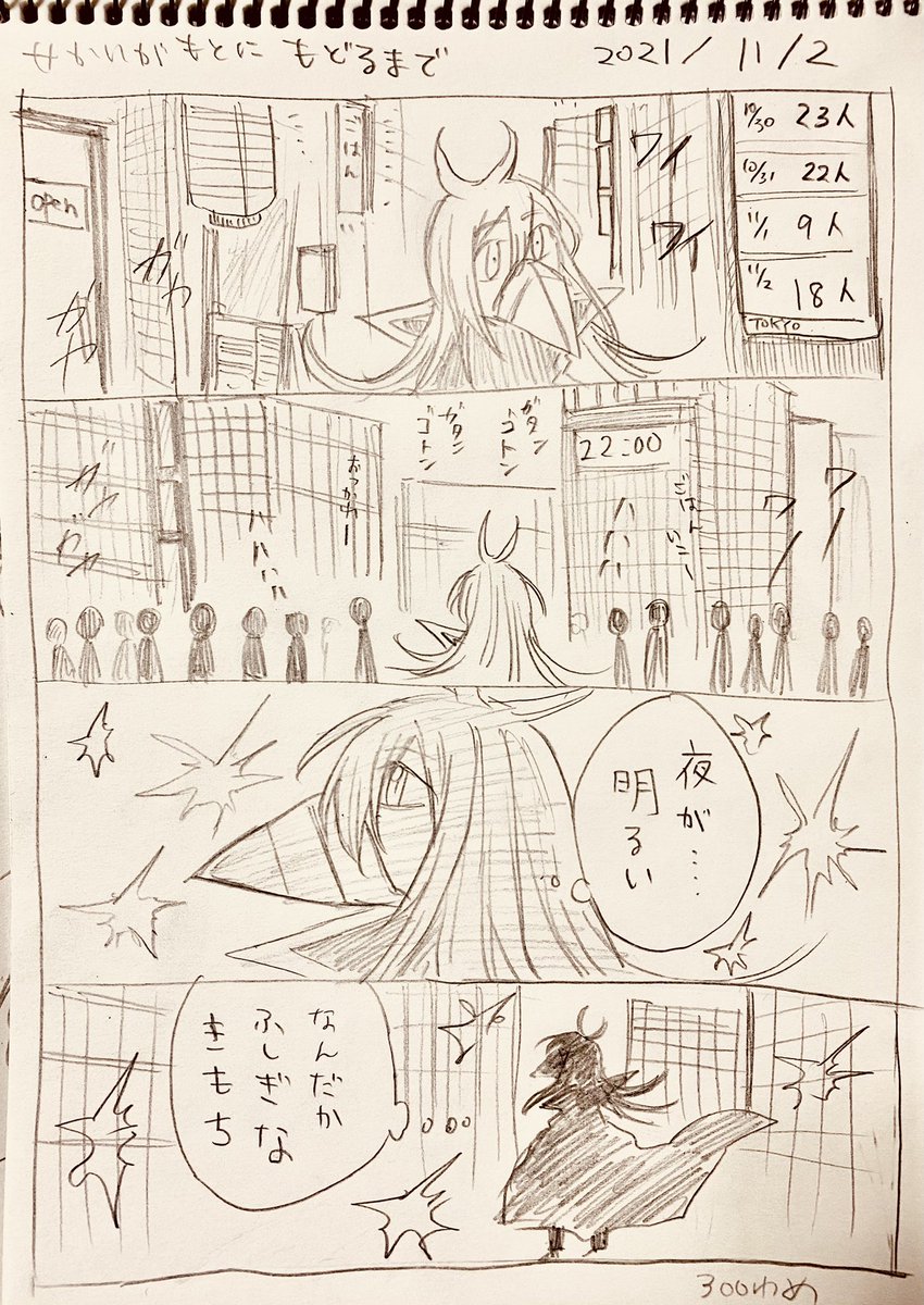 #せかいがもとにもどるまで
11/2分
コツコツ描いてたら300話目に行きました。
昨日より明日、明日より明後日、毎日きっと良くなってる、はず。 
