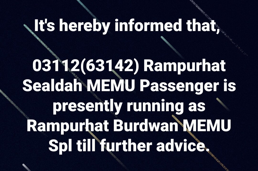Asit3699's tweet photo. Please resumption of 03112(63142) Rampurhat-Sealdah MEMU Passenger as it's full original route upto Sealdah. Huge number of passenger surrounded kolkata area depends on this train to go BHP/AMP/RPH.

@drmsdah 

@EasternRailway 

@RailMinIndia https://t.co/KxvIkUYmT0