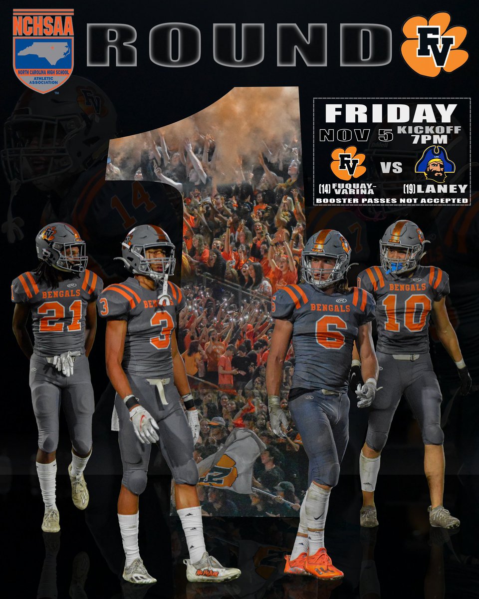 🚨🚨This FRIDAY (14)Fuquay-Varina will host the first round of the NCHSAA 4A football playoffs against (19)Laney. Make sure to show out and support the Bengals this week in their round 1 matchup! #rollbengals

Kickoff - 7:00pm
Theme - TBA