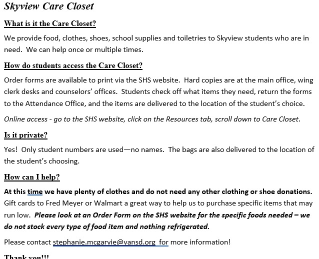 skyviewstormwa's tweet photo. The Skyview Care Closet is open and ready to help! If you have a need for clothes, food, school supplies or toiletries we are here for you. Go to the the SHS website and look under the Resources tab for more info! https://t.co/TmrUmNvMZG